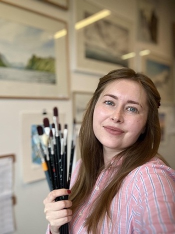 Artist Aleksandra Strokina in her art studio in Stavanger