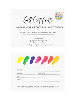 Gift card for art classes and artworks in Stavanger